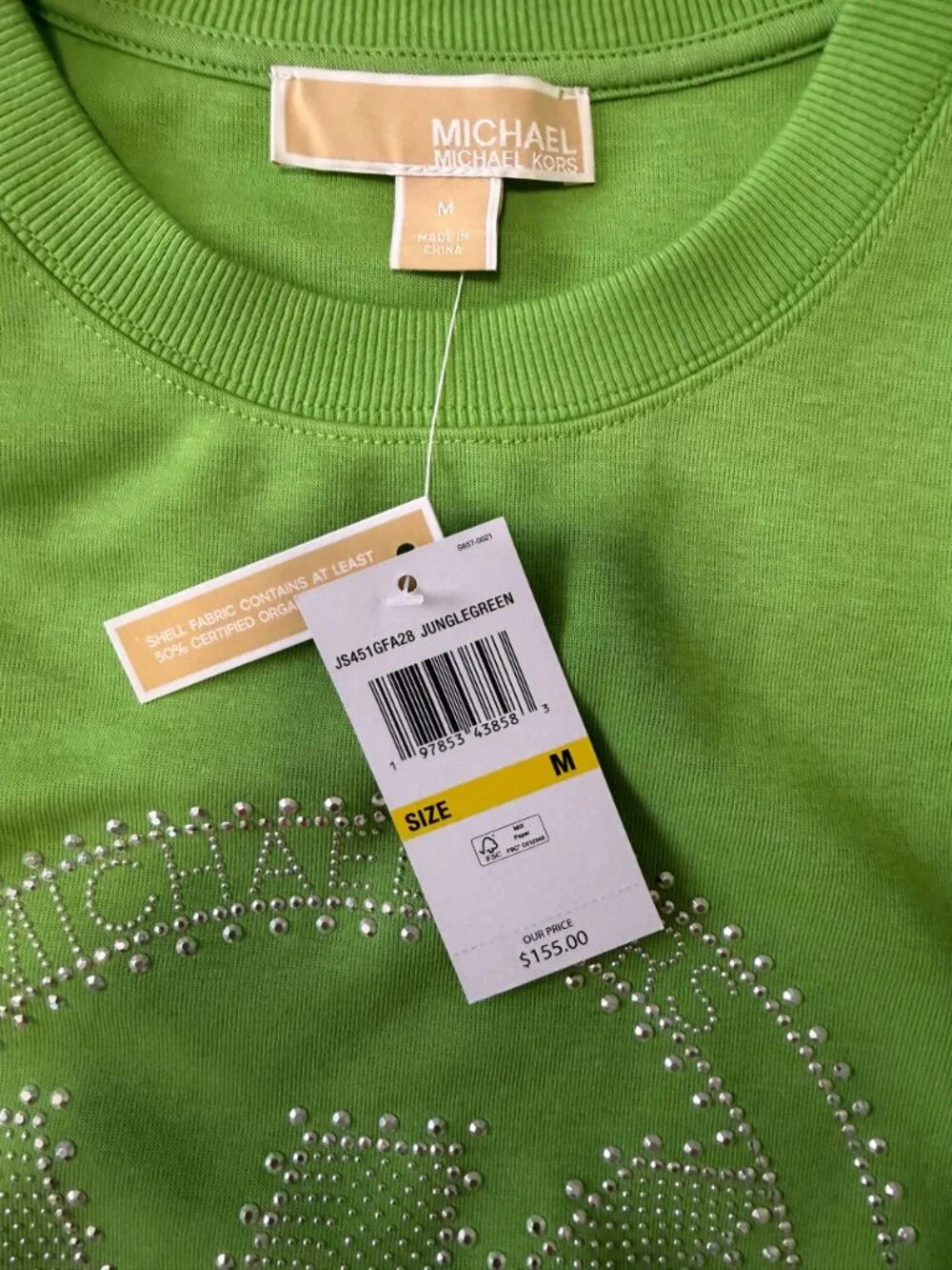 Michael Kors Jungle Green Rhinestone Logo Oversized Sweatshirt Women’s M NWT